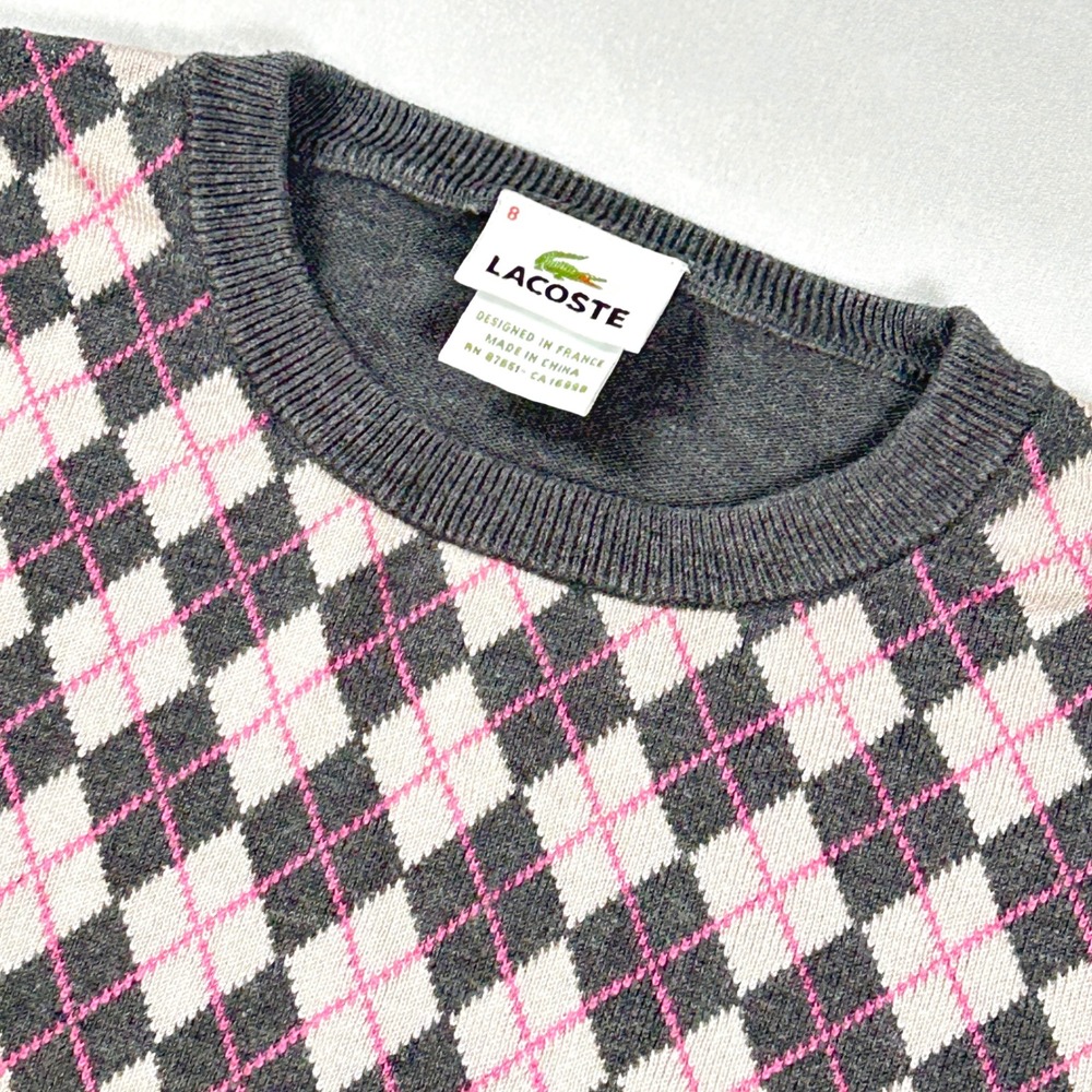 Vintage Lacoste Argyle Cotton Knit Sweater Mens 8 XXL Preppy Golf Y2K Gray Pink - Picture 4 of 9